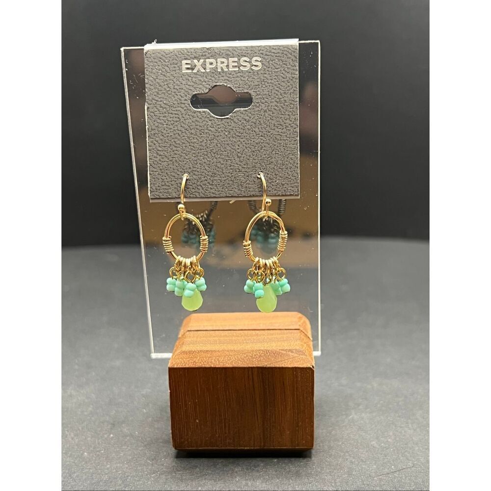 Express Gold Tone Wire Wrap Mint Green Teardrop Bead Dangle Earrings